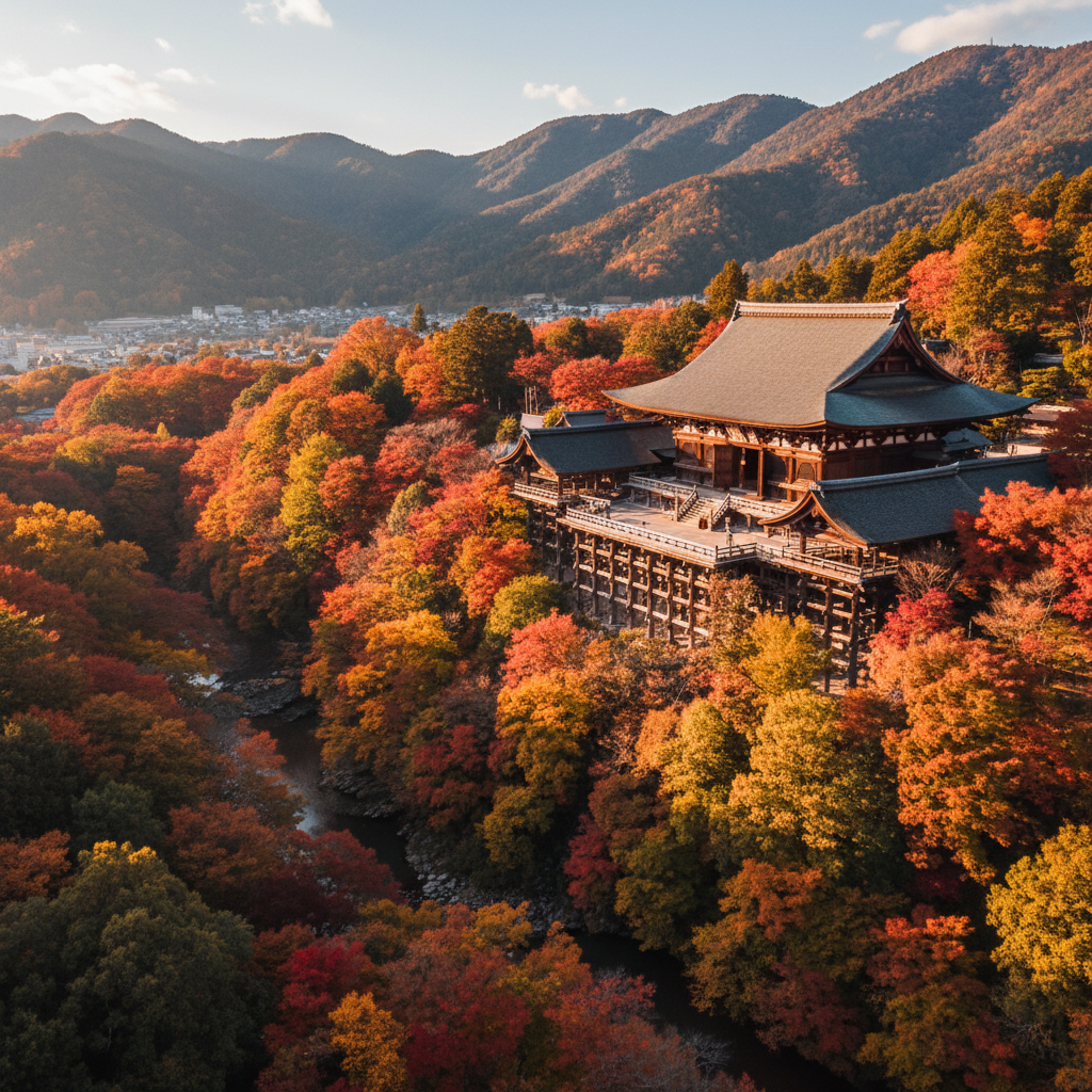 교토 기요미즈데라(청수사)의 전통적인 목조 본당과 단풍이 붉게 물든 가을 산맥이 어우러진 항공 촬영 이미지. 선명한 주황색과 붉은색의 조화가 돋보이는 일본의 가을 정취.