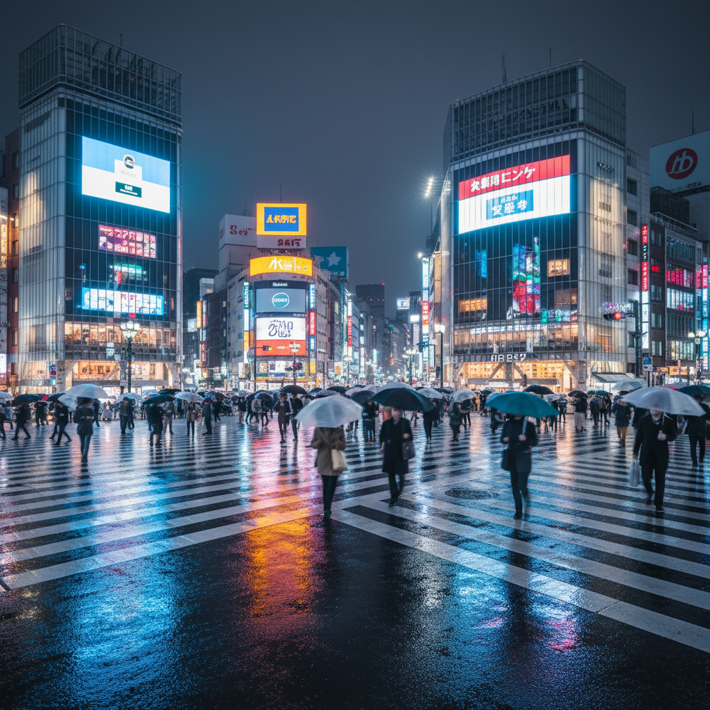 비가 내린 직후의 도쿄 시부야 스크램블 교차로 야경. 젖은 도로에 반사되는 화려한 네온사인과 전광판의 빛, 우산을 쓰고 건너는 사람들의 역동적인 움직임을 담은 시네마틱한 구도.