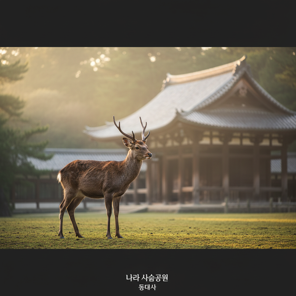나라 사슴공원에서 부드러운 아침 햇살을 받으며 서 있는 사슴과 그 뒤로 보이는 동대사(토다이지)의 웅장한 목조 건축물. 평화롭고 신비로운 분위기를 자아내는 내추럴한 색감의 사진.