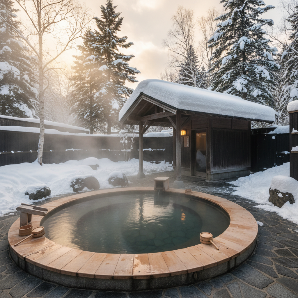 눈 덮인 홋카이도의 전통적인 노천 온천(온센). 뜨거운 김이 모락모락 피어오르는 온천물과 주변의 하얀 눈, 목조 건축물이 어우러진 고즈넉하고 따뜻한 겨울 감성 이미지.